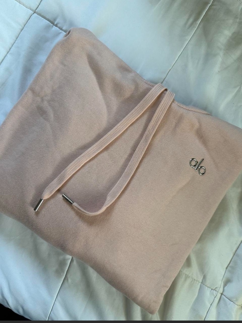 ALO Yoga Blush Pink Hooded Sweater with Subtle Metal Logo